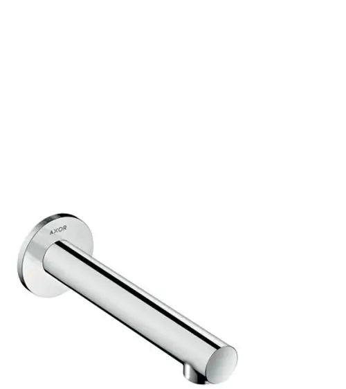 Wandmontierter Wasserhahn in chrom, Teil der AXOR-Serie, mit gerader Auslaufform und schmalem Design für den Einbau in Badezimmer oder Wellnessbereich.